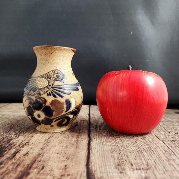 Mini Tonala Vase 4" Brush Holder Studio Pottery Hand Painted Bird Signed Mexico - Picture 3 of 11